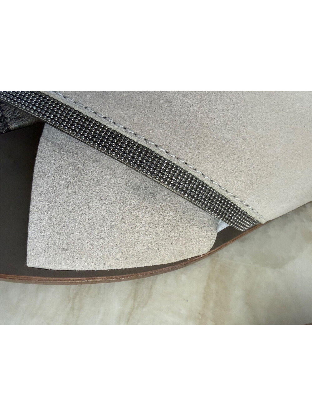 Brunello Cucinelli Suede Monili Beaded Crisscross Slide Sandals Beige Taupe 38.5 - Picture 13 of 14